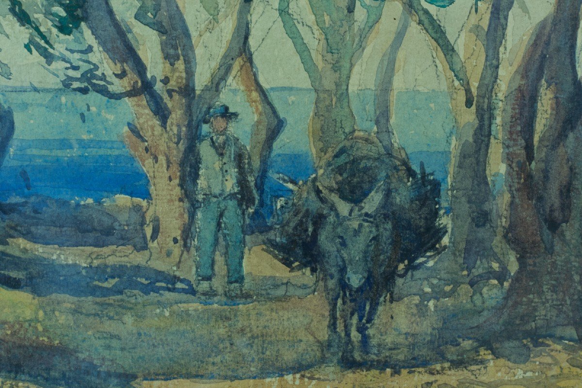 Emile Appay Old Painting Large Corsican Landscape Donkey Path Sea Village Watercolor 84cm -photo-2