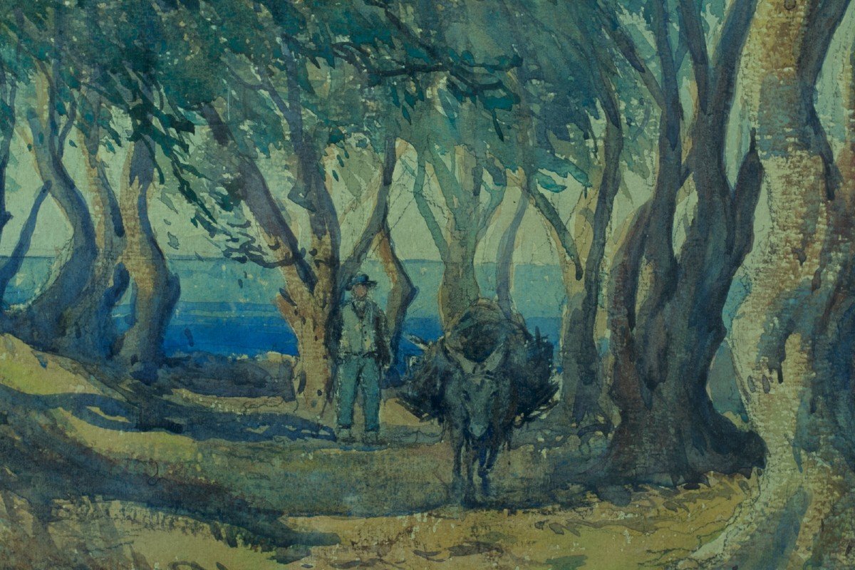 Emile Appay Old Painting Large Corsican Landscape Donkey Path Sea Village Watercolor 84cm -photo-3