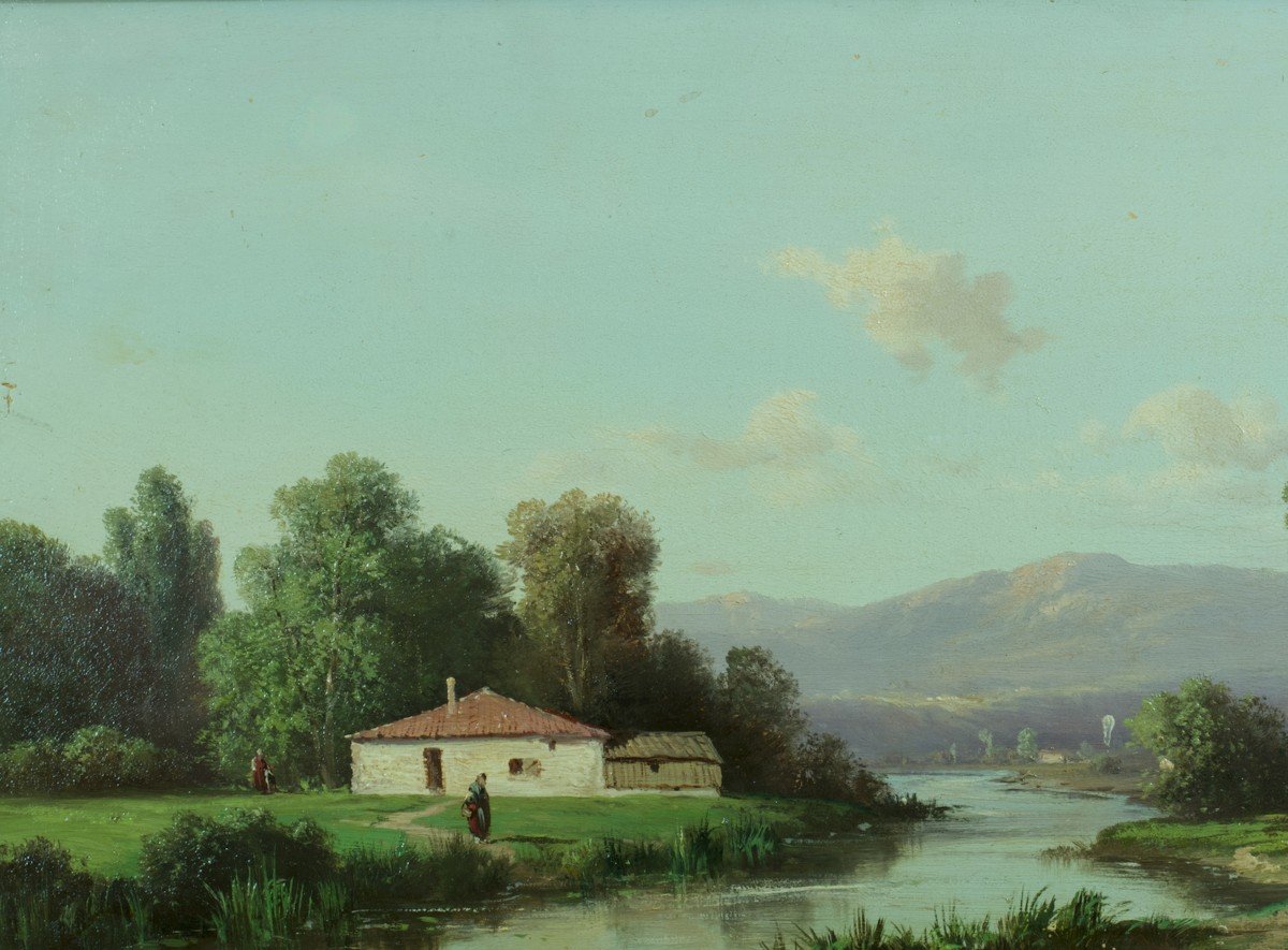 Alfred Godchaux Tableau Ancien  Paysage Animé Montagne Vallée Rivière Printemps Pyrénées