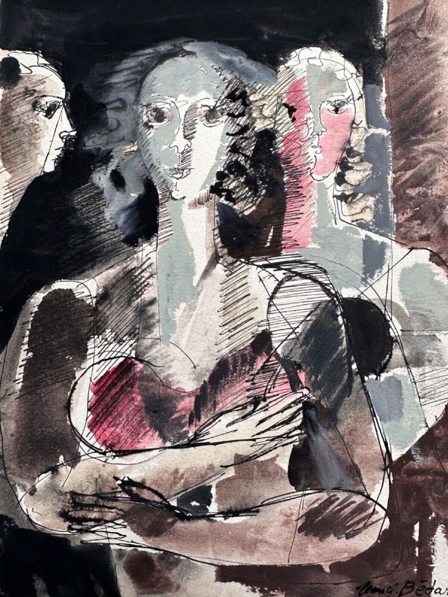 Jean-claude Bedard Beautiful Modern Drawing Pau Portrait Three Women 1957-photo-2