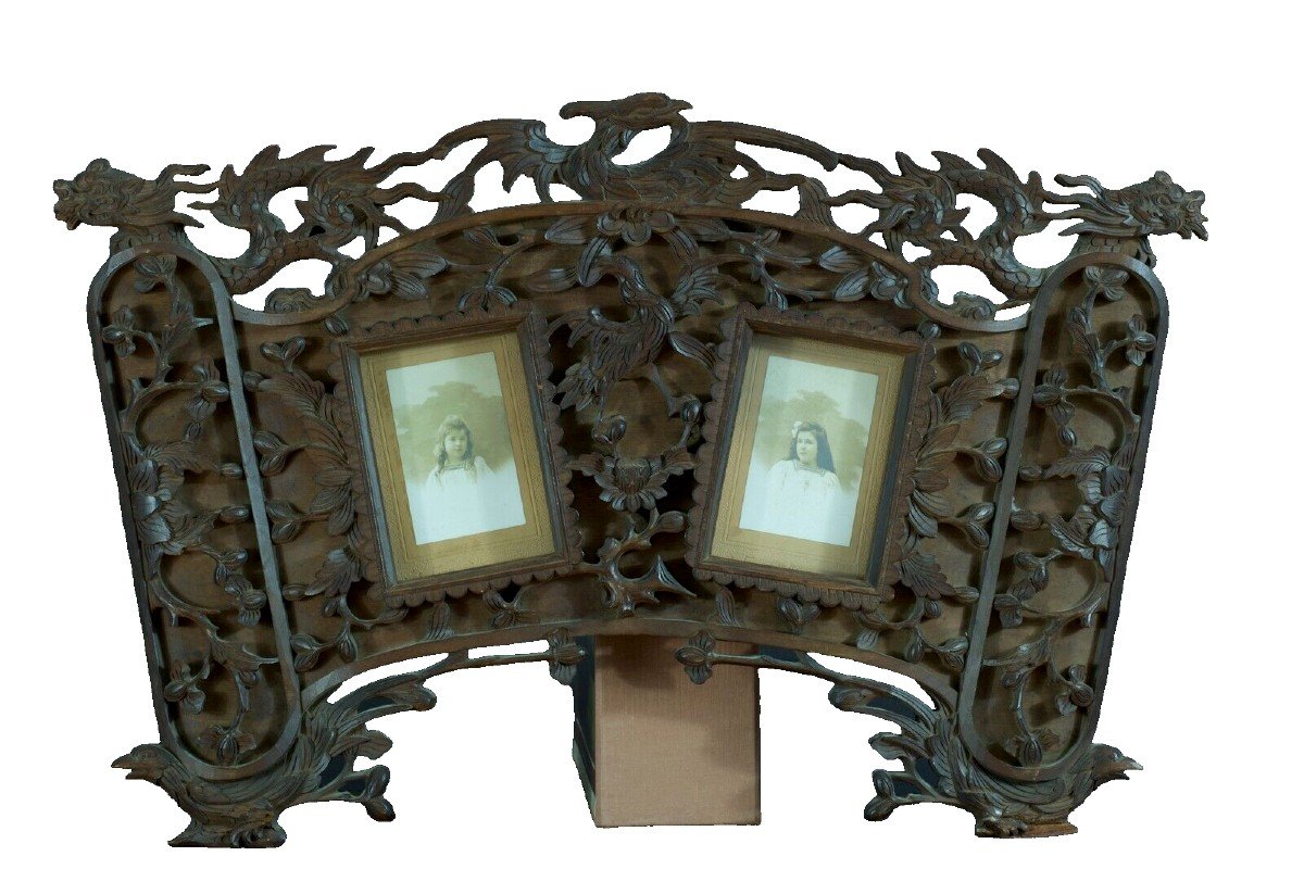 Large Old Frame In Carved Wood Dragon Birds Indochina Vietnam Foliage Photos 19th-photo-1