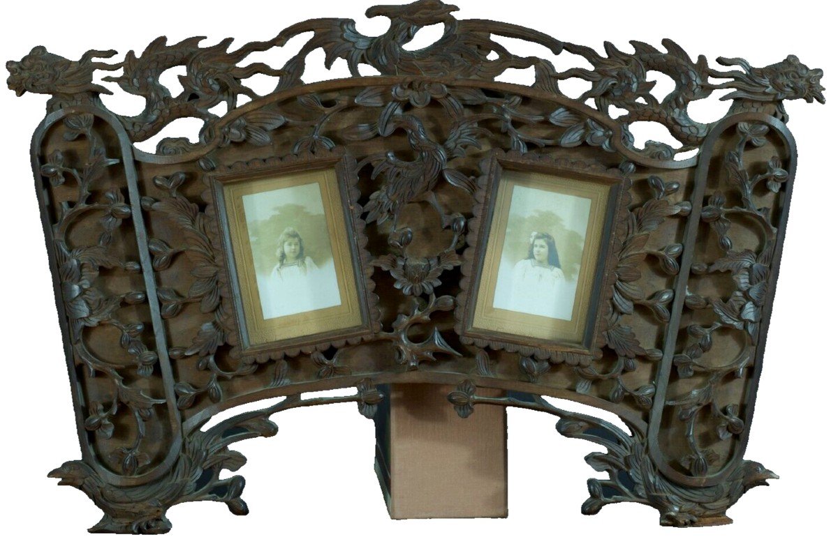 Large Old Frame In Carved Wood Dragon Birds Indochina Vietnam Foliage Photos 19th-photo-8