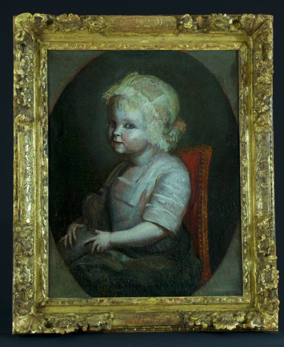 Old Painting Portrait Of Little Girl And Dog 18th Golden Wood Frame