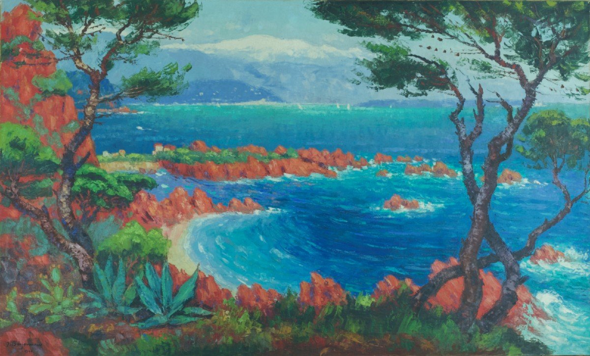 Jehan Berjonneau Large Old Painting Landscape View Of Cannes French Riviéra 142cm