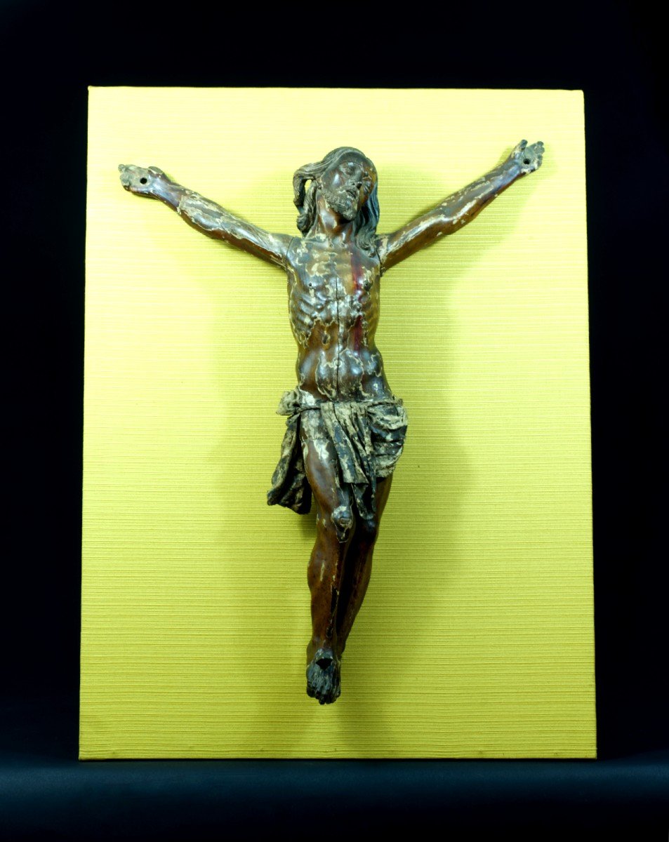 Grand Christ En Croix Amérique Du Sud Bois Sculpté Polychrome Cuir 67 Cm 17 ème Art Populaire-photo-2