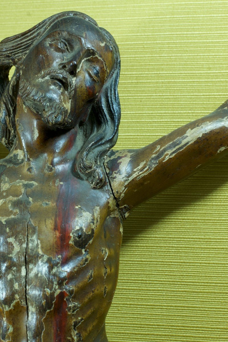 Grand Christ En Croix Amérique Du Sud Bois Sculpté Polychrome Cuir 67 Cm 17 ème Art Populaire-photo-2