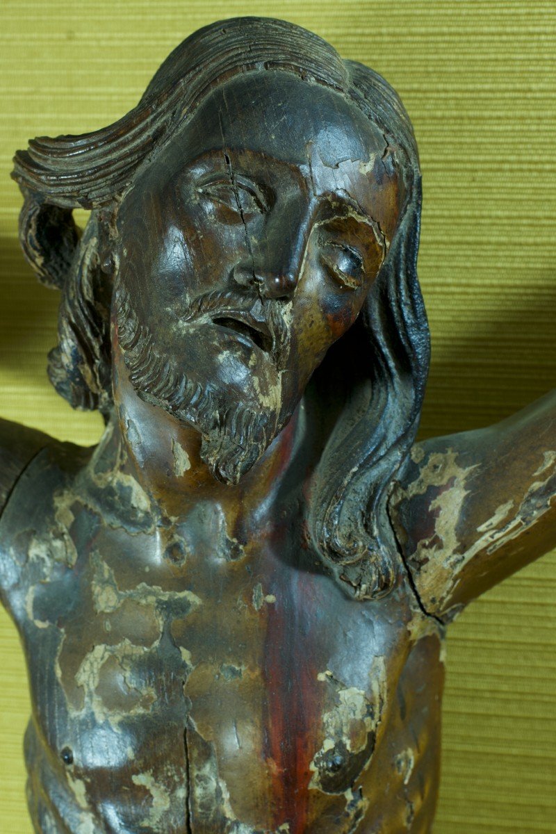 Grand Christ En Croix Amérique Du Sud Bois Sculpté Polychrome Cuir 67 Cm 17 ème Art Populaire-photo-3