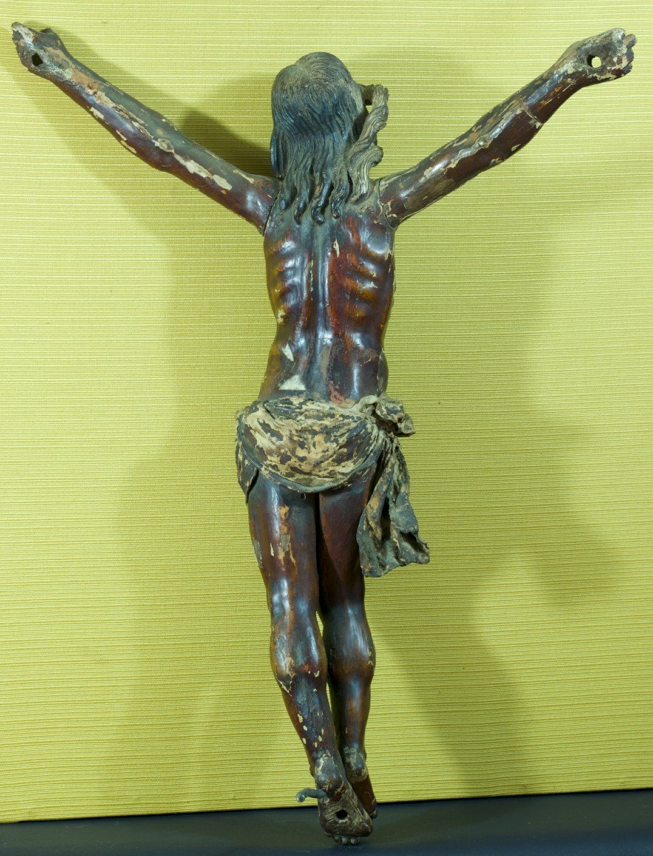 Grand Christ En Croix Amérique Du Sud Bois Sculpté Polychrome Cuir 67 Cm 17 ème Art Populaire-photo-6