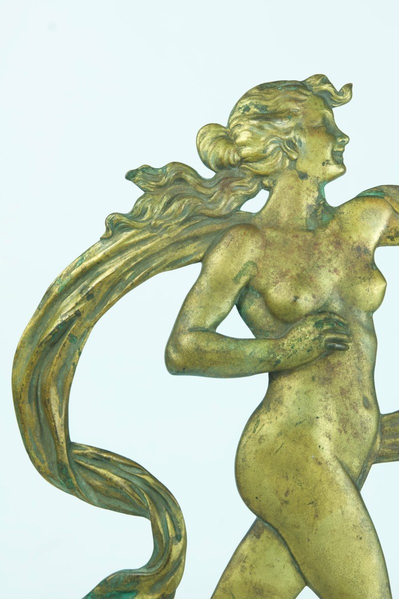 Old Large Gilt Bronze Facing Young Naked Woman Draped Antique Muse 40 Cm Signed Eb-photo-2