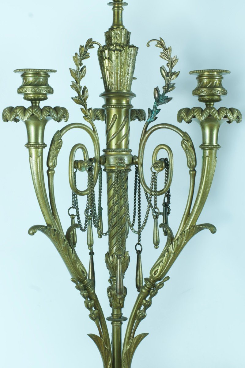 Antique Pair Of Louis XVI Bronze Candelabra Quiver Chain Candle Holder 60cm 19th-photo-3
