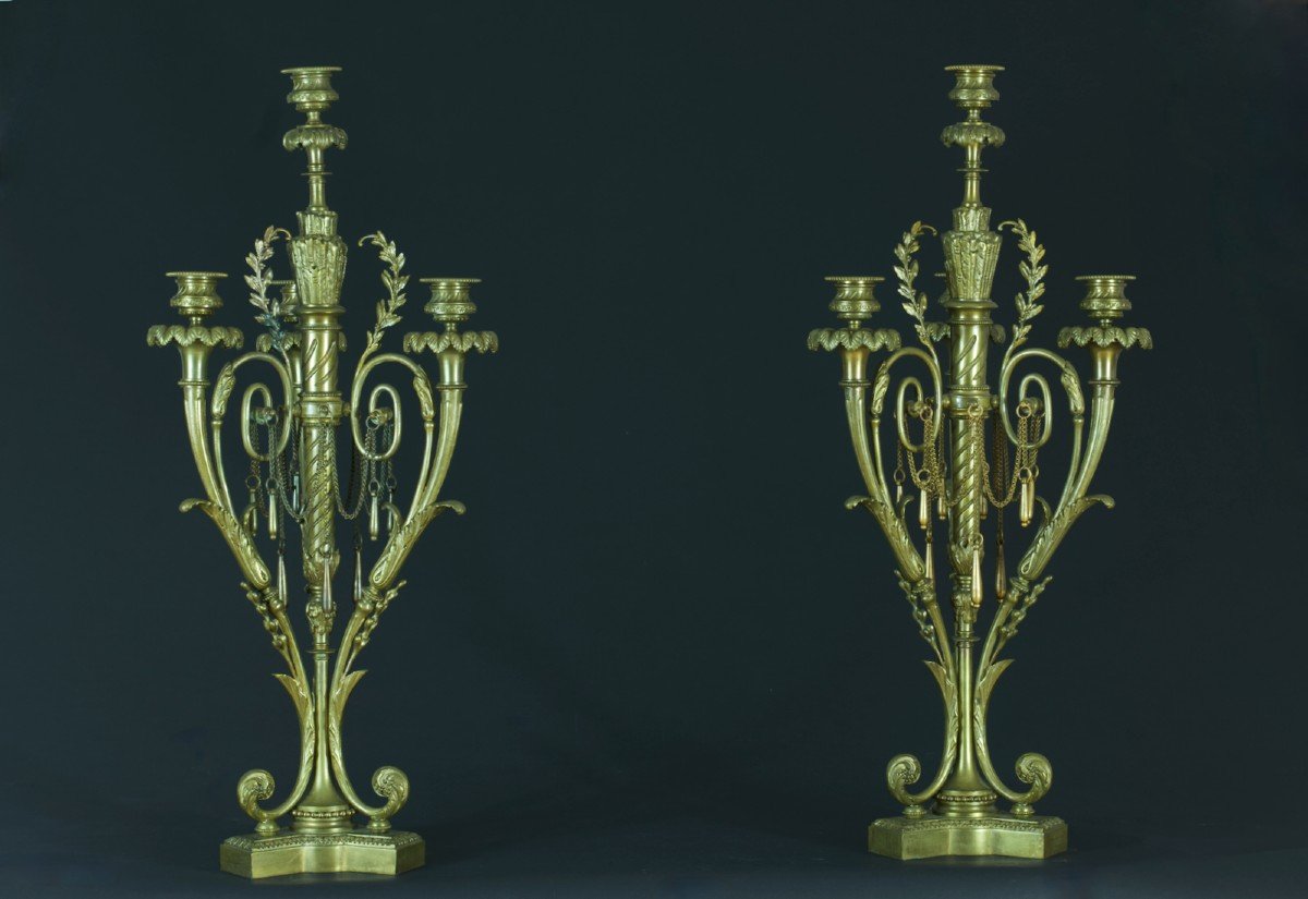 Antique Pair Of Louis XVI Bronze Candelabra Quiver Chain Candle Holder 60cm 19th-photo-1