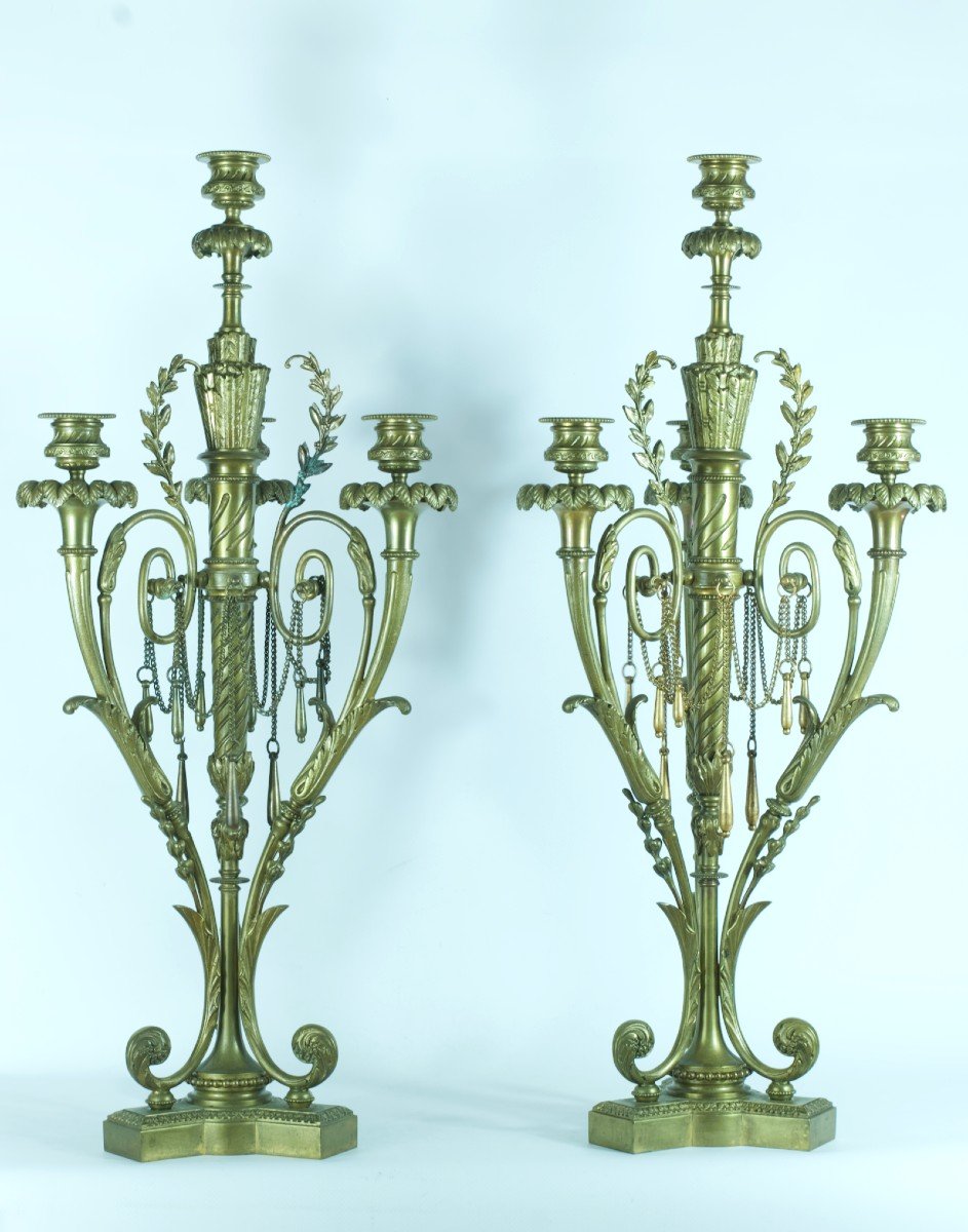 Antique Pair Of Louis XVI Bronze Candelabra Quiver Chain Candle Holder 60cm 19th