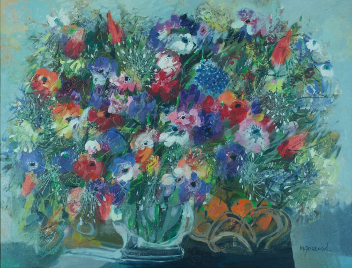 Monique Journod Beautiful Modern Painting Large Bouquet Of Flowers Fruit Anemones Large Decor 20th-photo-2