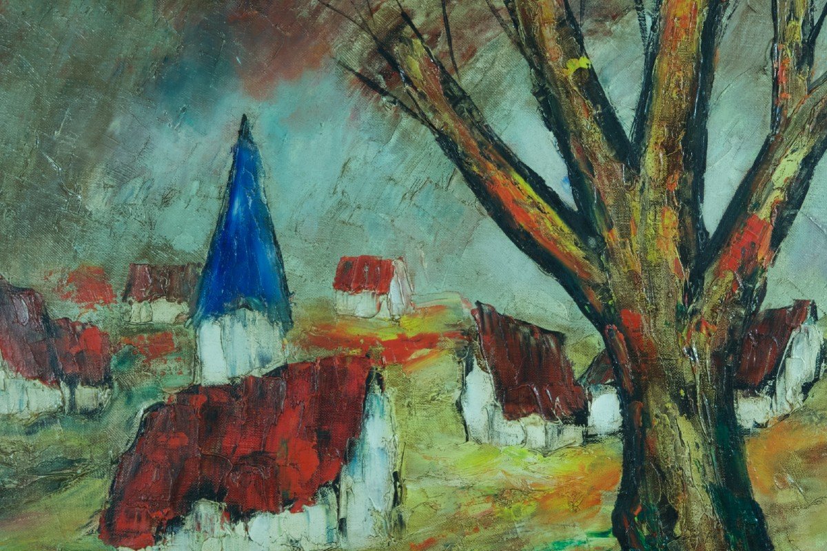 d'Anty  Beau Tableau Modern Expressionniste Paysage Maison Toit Rouge Peinture Canada-photo-3