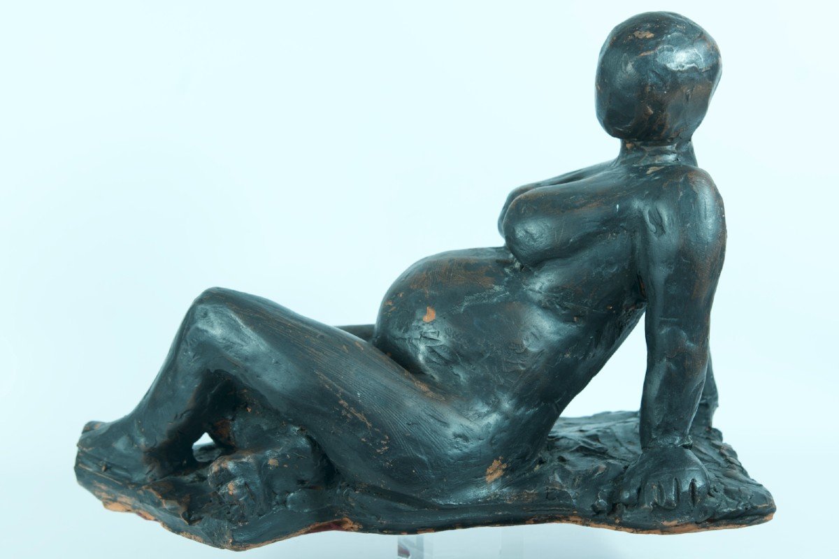Ancienn Sculpture Portrait De Femme Nue Maternité Noir Terre Cuite Ss° Joseph Andrau-photo-4