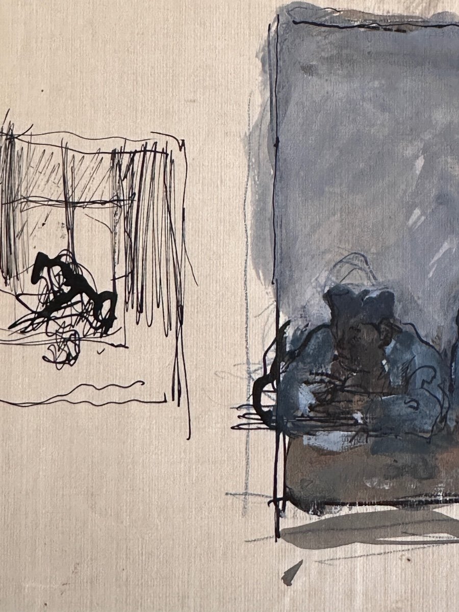 Painting Drawing Jean Terles Study Portrait 3 Men Seated Window Gouache-photo-4