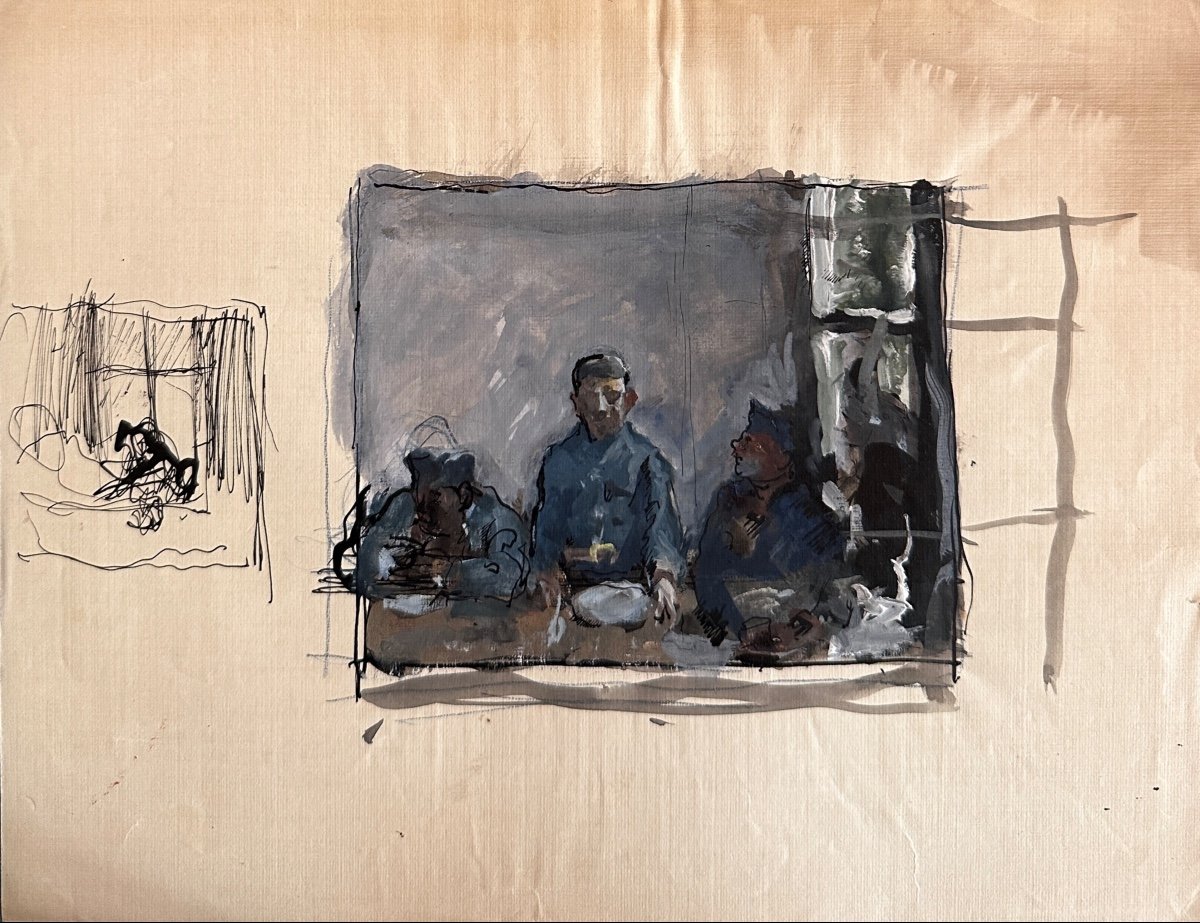 Painting Drawing Jean Terles Study Portrait 3 Men Seated Window Gouache-photo-1