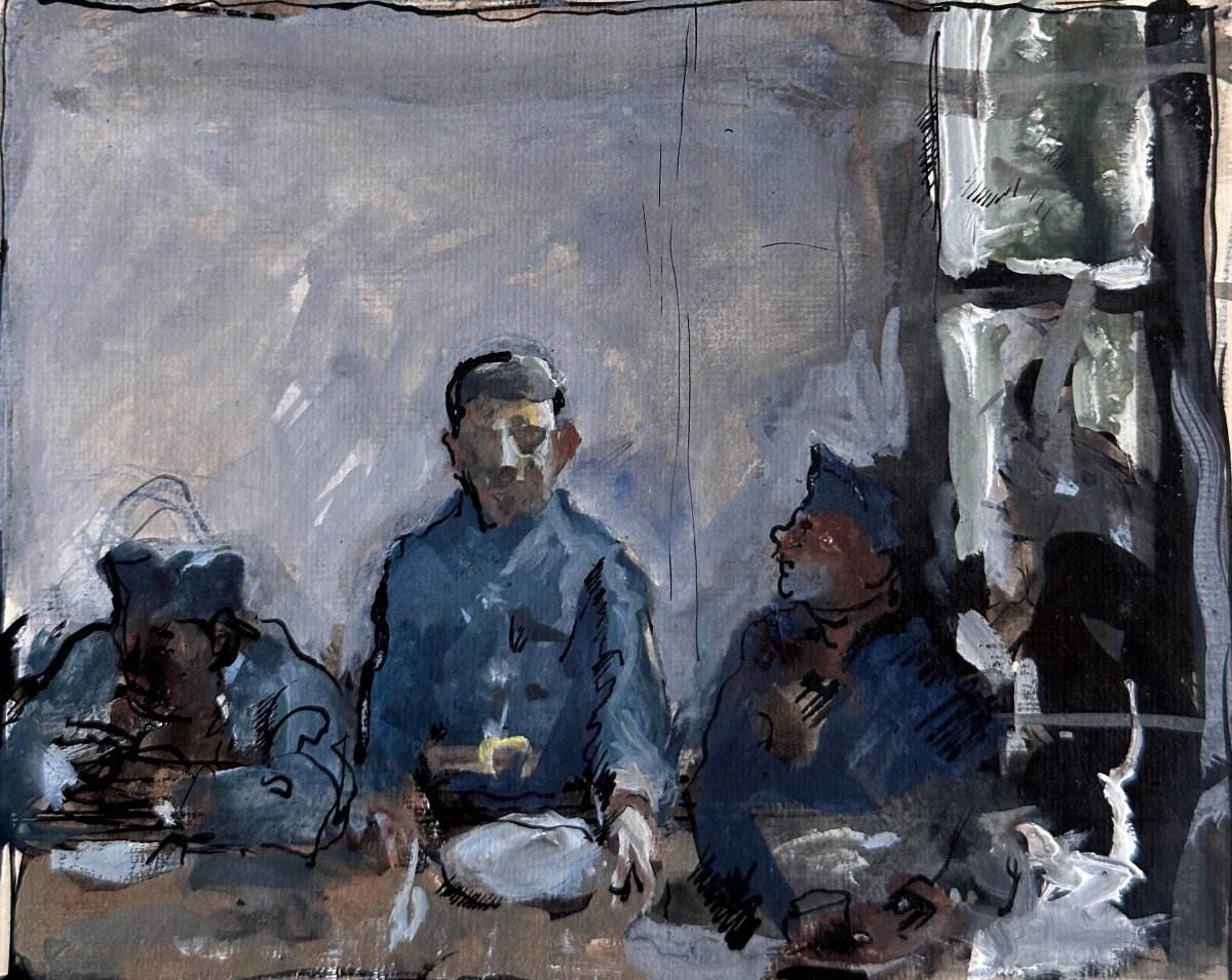 Painting Drawing Jean Terles Study Portrait 3 Men Seated Window Gouache