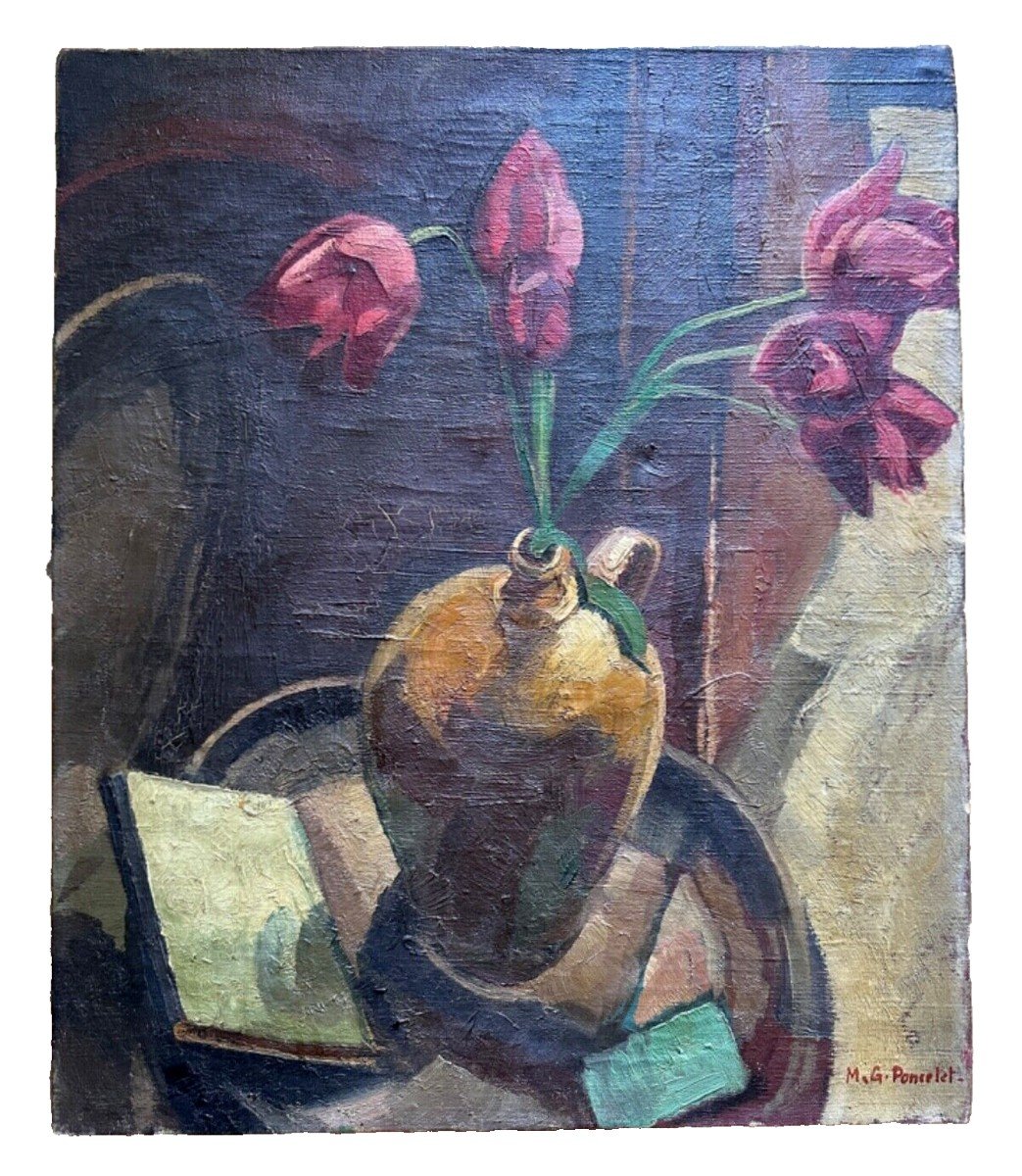  Poncelet  Beau Tableau Ancien Nature Morte Bouquet De Fleurs Tulipe Vase Livre Art Deco-photo-2