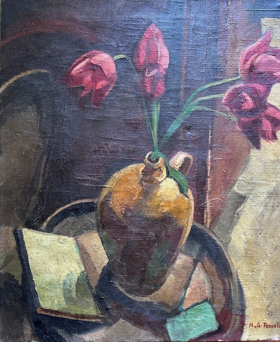  Poncelet  Beau Tableau Ancien Nature Morte Bouquet De Fleurs Tulipe Vase Livre Art Deco-photo-3