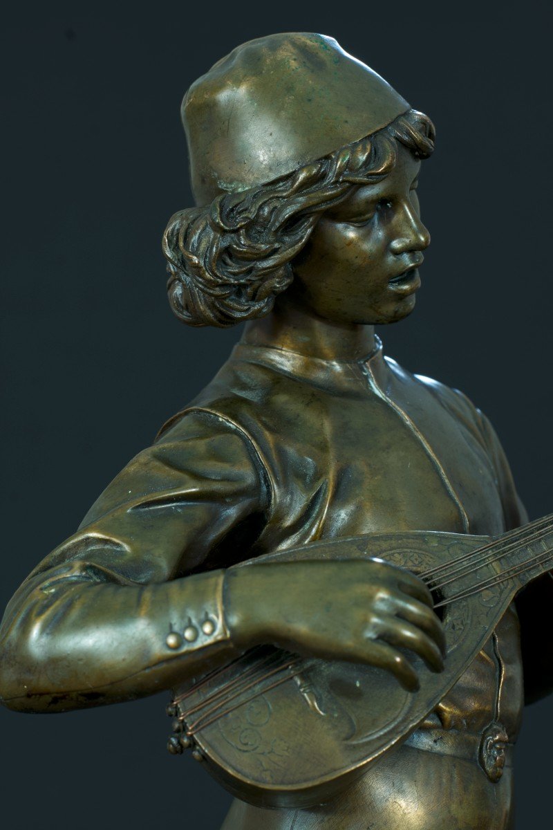 Beautiful Old Bronze Portrait Teenager Musician Barbedienne Dubois Florentine Singer 19th -photo-4