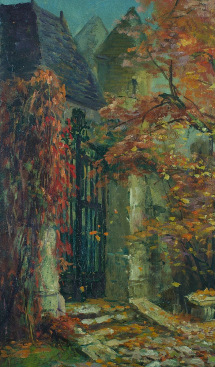 Maurice Proust Tableau Ancien Peinture Paysage Parc Banc Château Impressionniste -photo-1