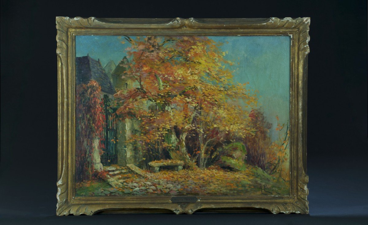 Maurice Proust Tableau Ancien Peinture Paysage Parc Banc Château Impressionniste -photo-7