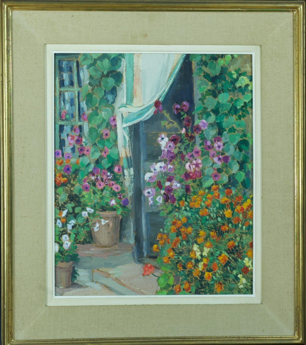 Hélène Rivière Tableau Ancien Vue De Jardin Printanier Entrée De Maison  Hst 1930-photo-1