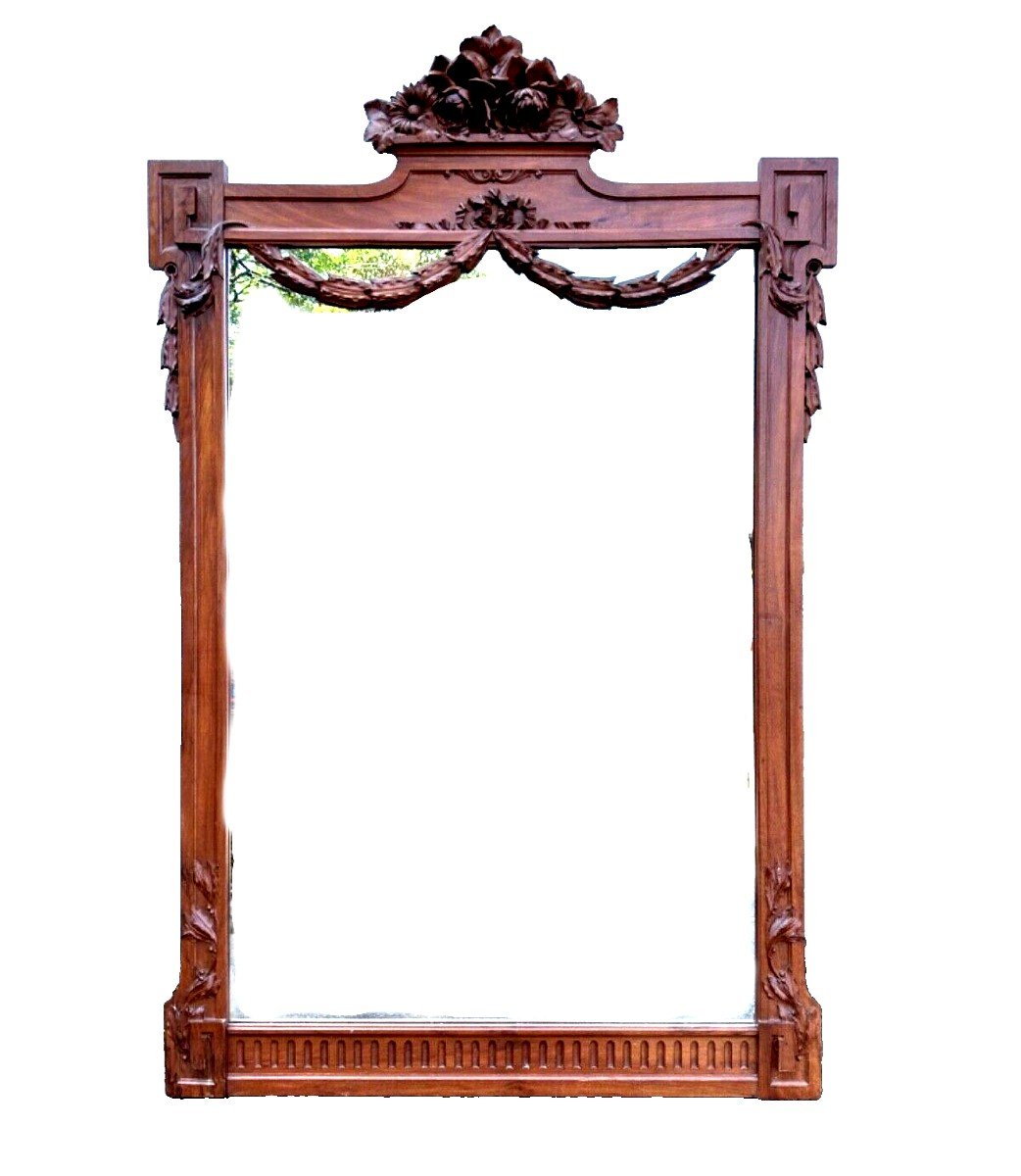 Grand Miroir De Château Louis XVI Ruban Pivoines Laurier Noyer Bois Sculpté 2m Décor Maison 