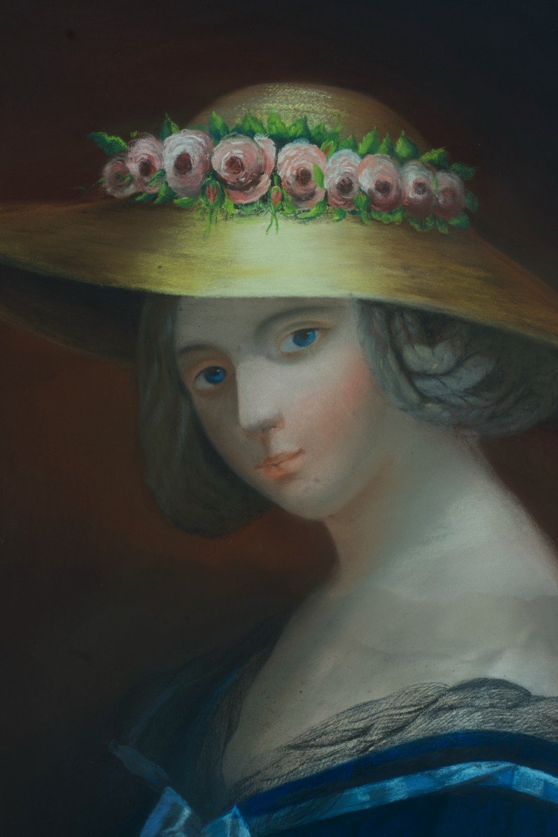 Ancien Tableau Portrait Jeune Femme Chapeau De Paille Rose Allégorie été 19ème Pastel -photo-2