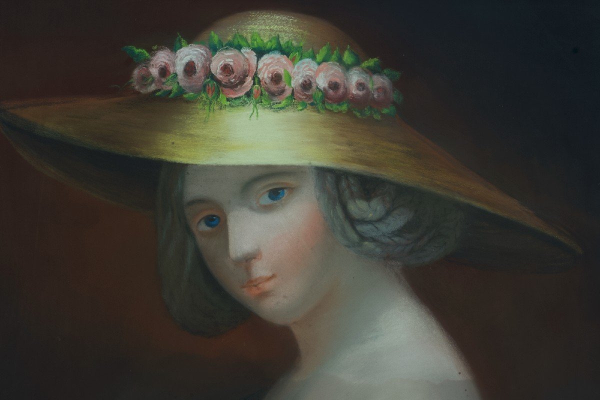 Ancien Tableau Portrait Jeune Femme Chapeau De Paille Rose Allégorie été 19ème Pastel -photo-3