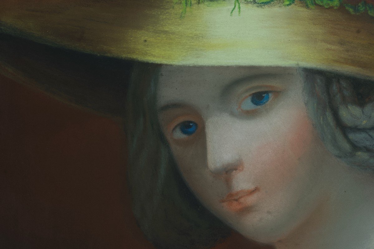 Ancien Tableau Portrait Jeune Femme Chapeau De Paille Rose Allégorie été 19ème Pastel -photo-4