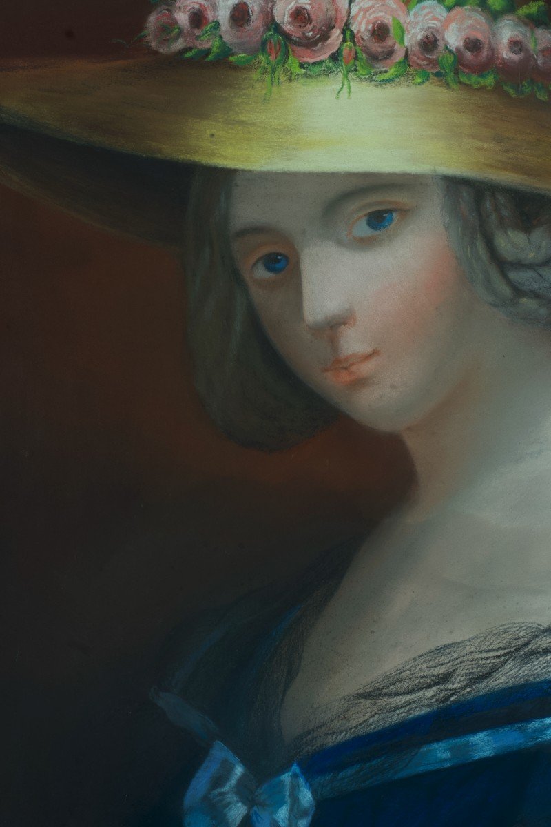 Ancien Tableau Portrait Jeune Femme Chapeau De Paille Rose Allégorie été 19ème Pastel -photo-1