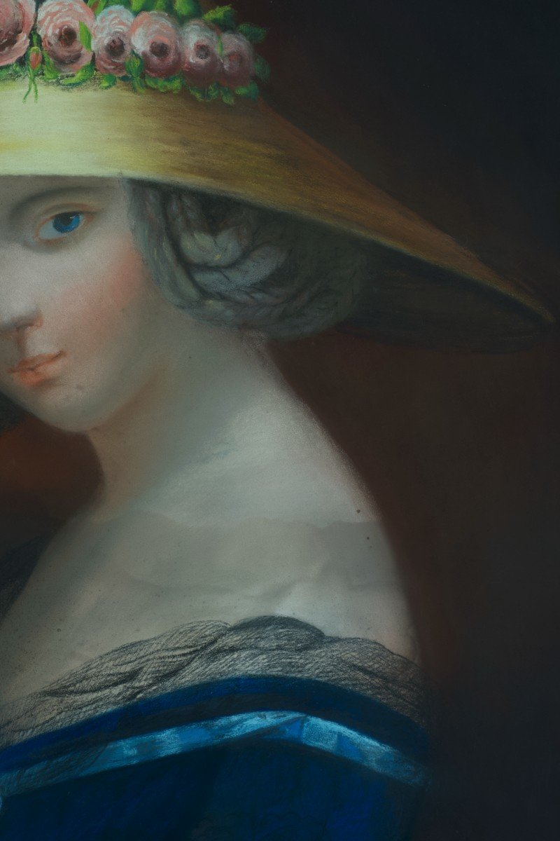 Ancien Tableau Portrait Jeune Femme Chapeau De Paille Rose Allégorie été 19ème Pastel -photo-2