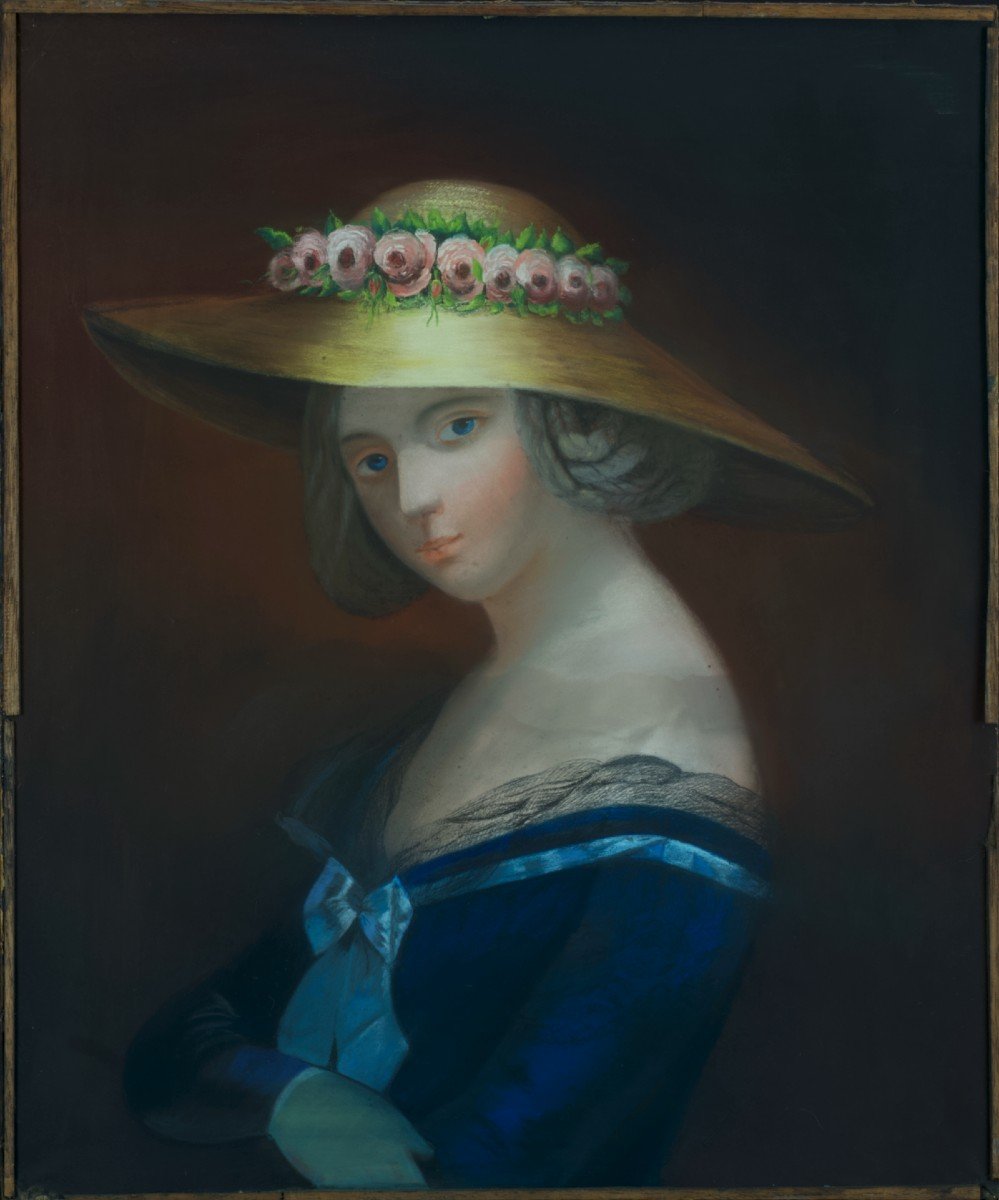 Ancien Tableau Portrait Jeune Femme Chapeau De Paille Rose Allégorie été 19ème Pastel -photo-4