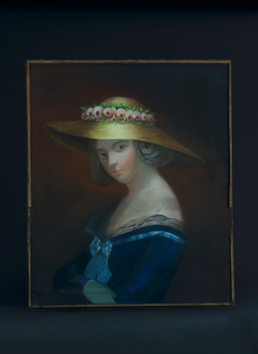 Ancien Tableau Portrait Jeune Femme Chapeau De Paille Rose Allégorie été 19ème Pastel -photo-5