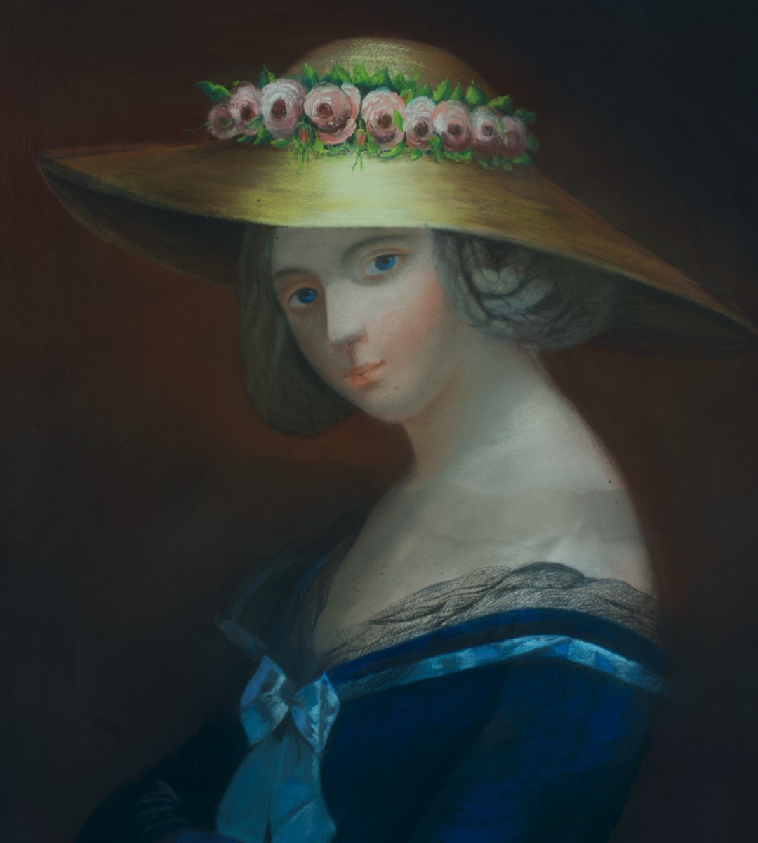 Ancien Tableau Portrait Jeune Femme Chapeau De Paille Rose Allégorie été 19ème Pastel 