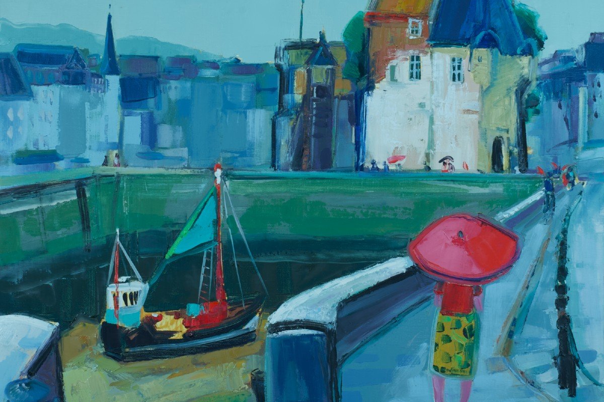 Modern Painting Marine The Port Of Honfleur Normandy Animated Georges Coulomb 20th Friez-photo-2