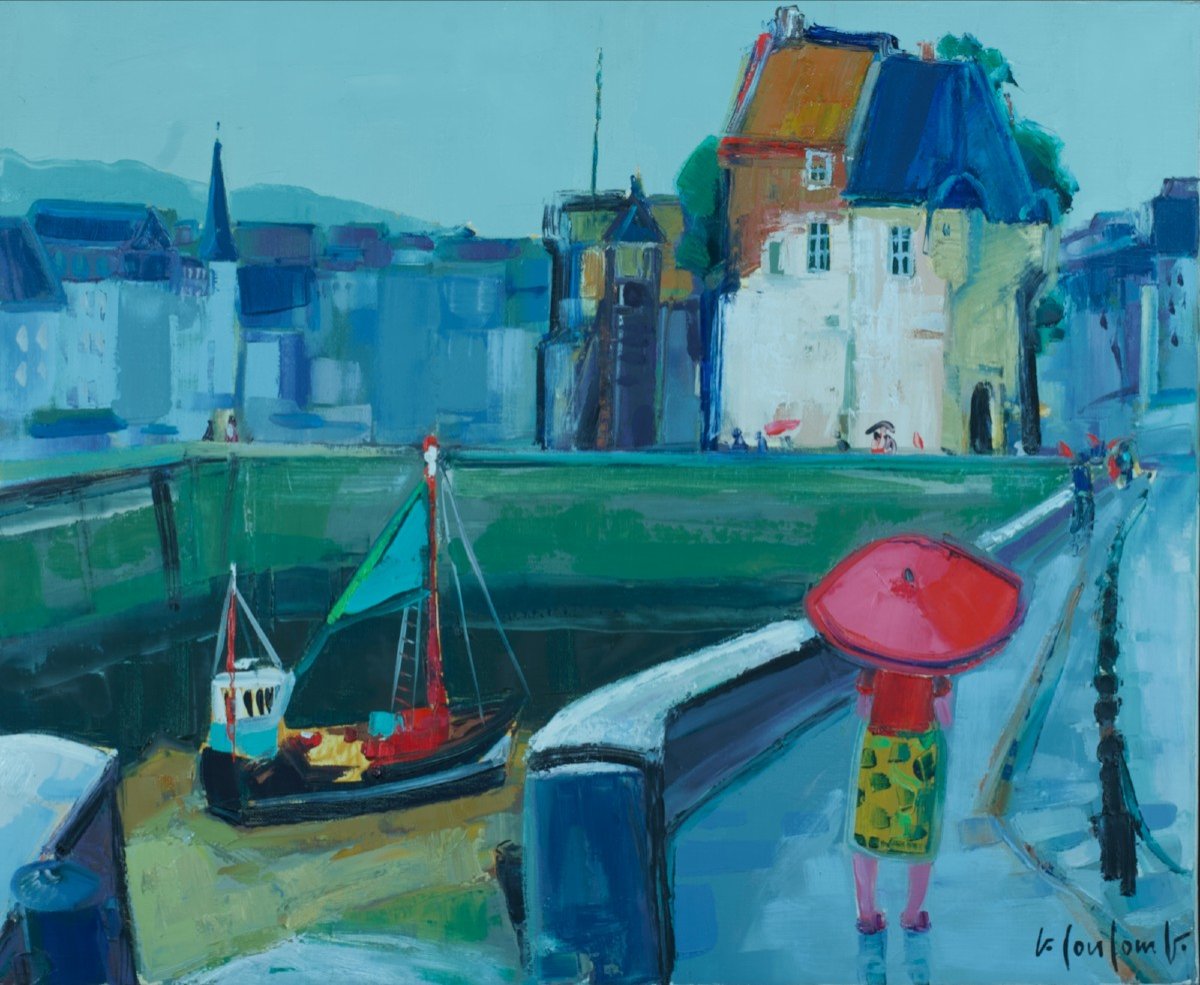 Modern Painting Marine The Port Of Honfleur Normandy Animated Georges Coulomb 20th Friez