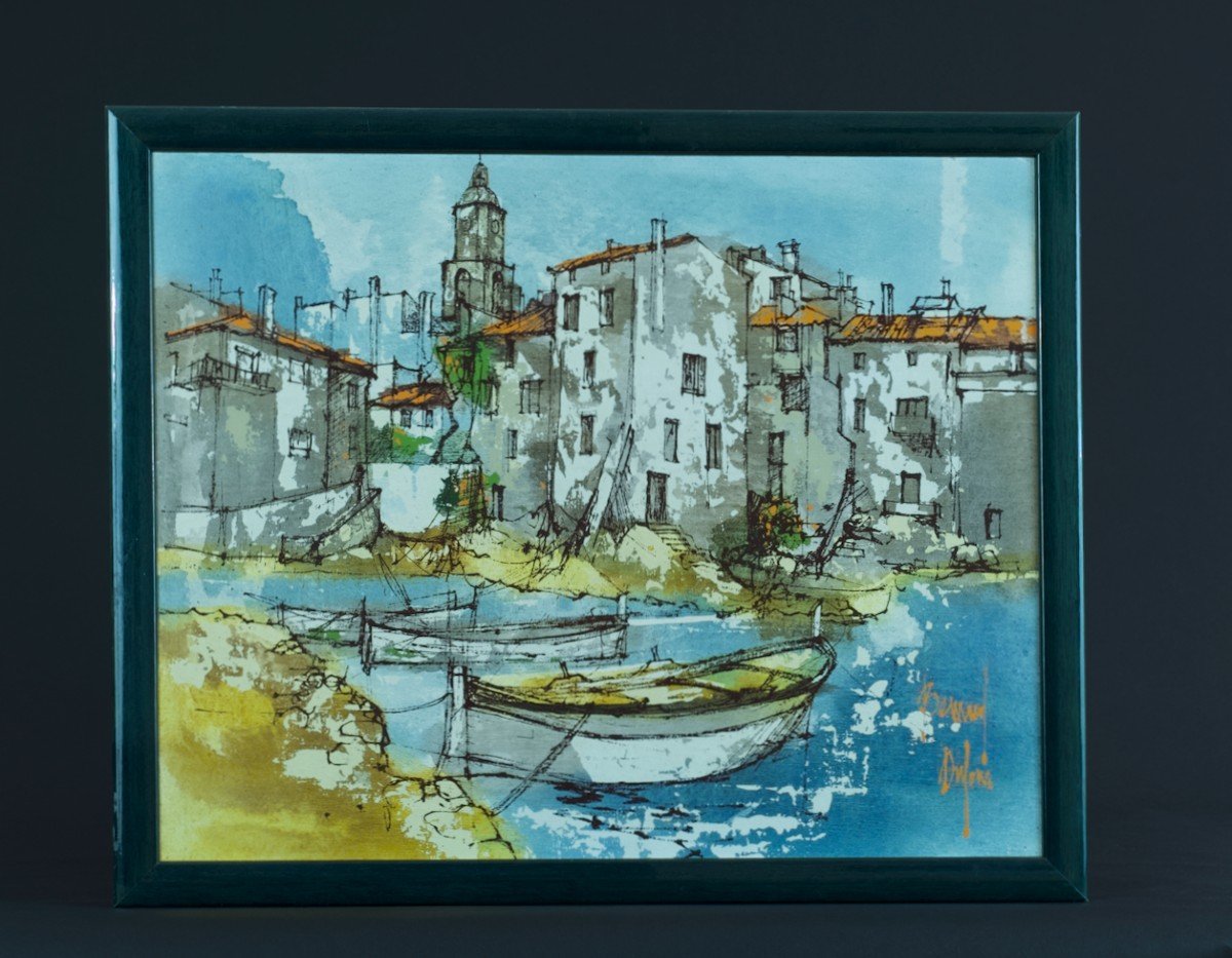 Bernard Dufour Modern Painting Marine The Port Of Saint Tropez La Ponche Boat -photo-3