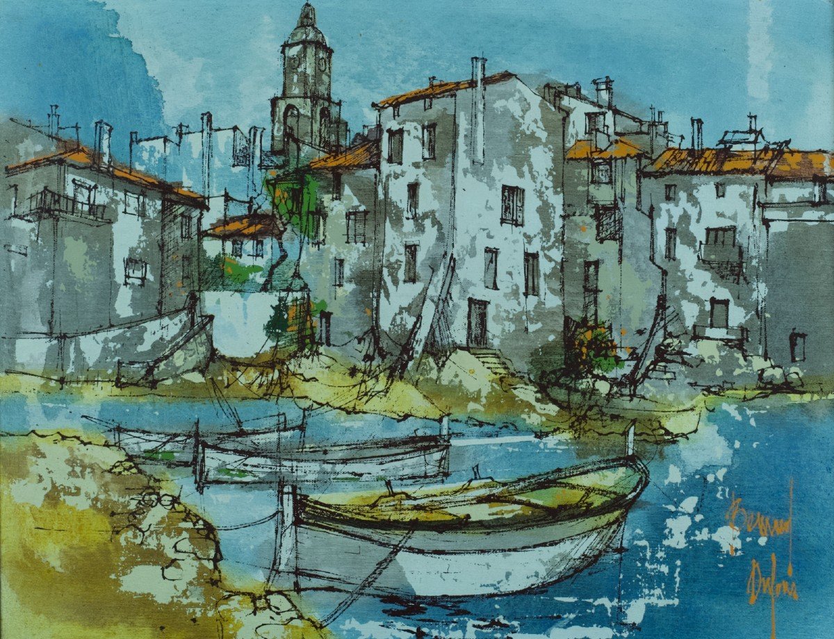 Bernard Dufour Modern Painting Marine The Port Of Saint Tropez La Ponche Boat 