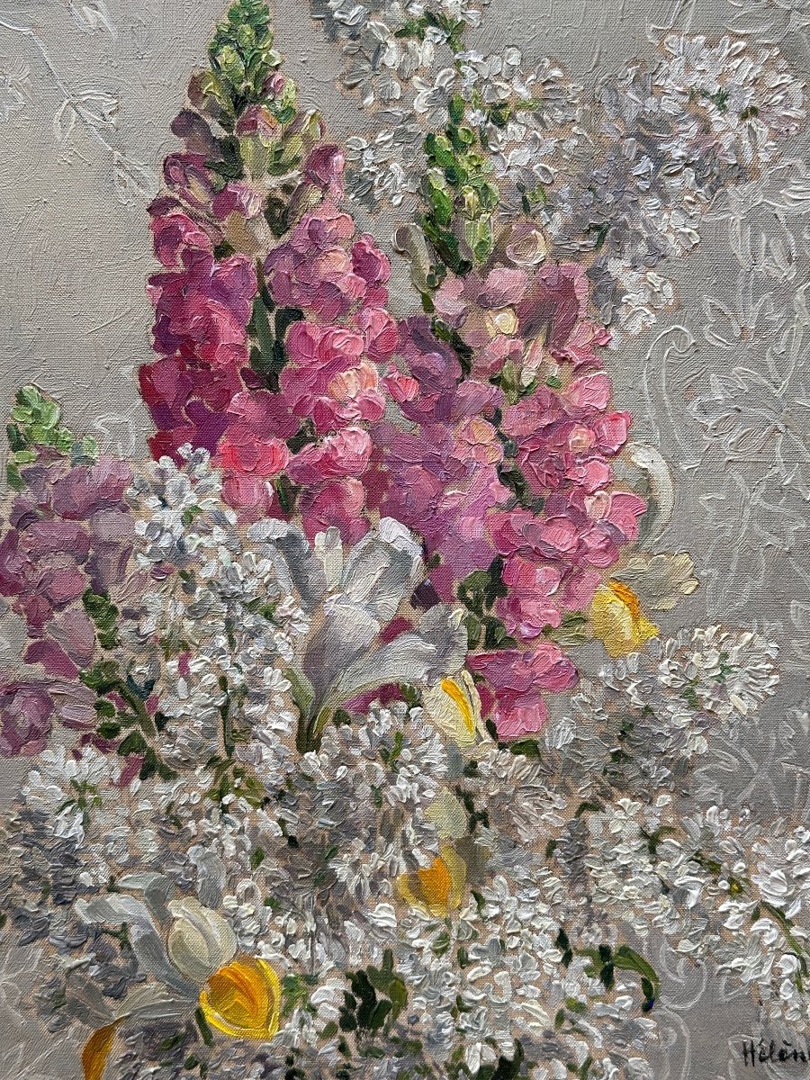 Hélène Rivière Old Painting Bouquet Of Flowers Still Life Lace Hst Impressionist -photo-2