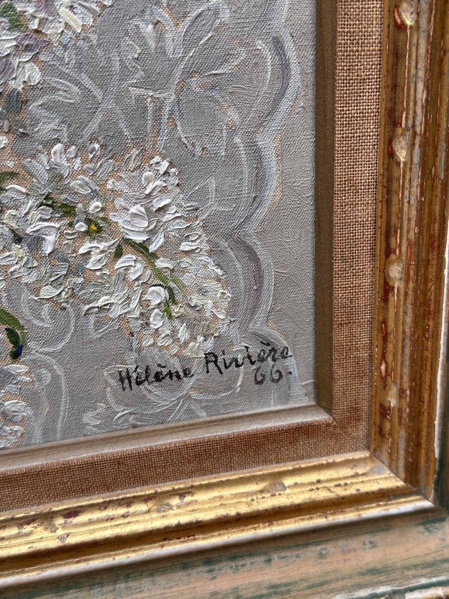 Hélène Rivière Old Painting Bouquet Of Flowers Still Life Lace Hst Impressionist -photo-2