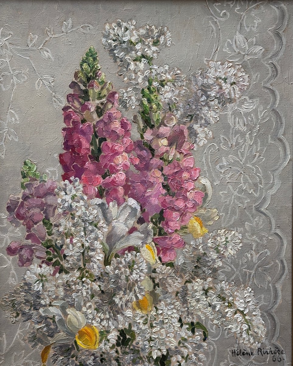 Hélène Rivière Old Painting Bouquet Of Flowers Still Life Lace Hst Impressionist -photo-4