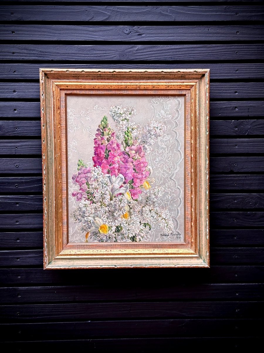 Hélène Rivière Old Painting Bouquet Of Flowers Still Life Lace Hst Impressionist -photo-5