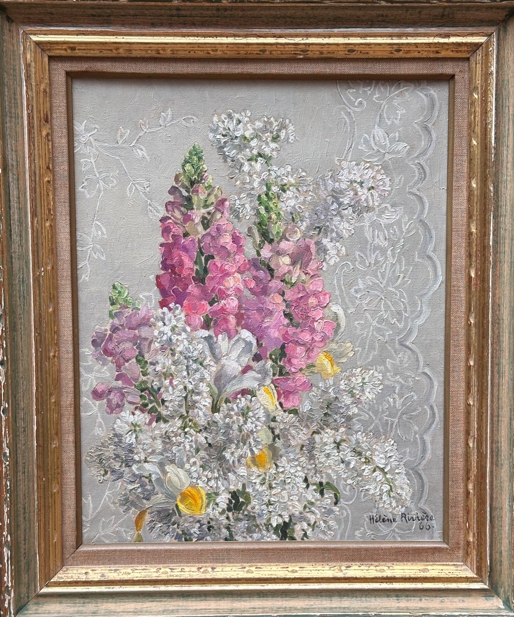 Hélène Rivière Old Painting Bouquet Of Flowers Still Life Lace Hst Impressionist 