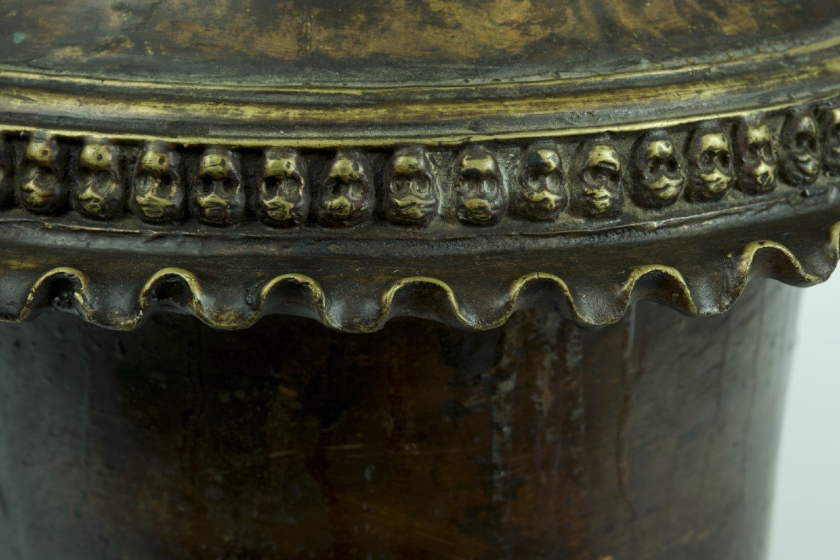 Large Antique Bronze Vase Tibet Nepal Archaic Citipati Skull 18th Century Buddhism Hinduism-photo-4