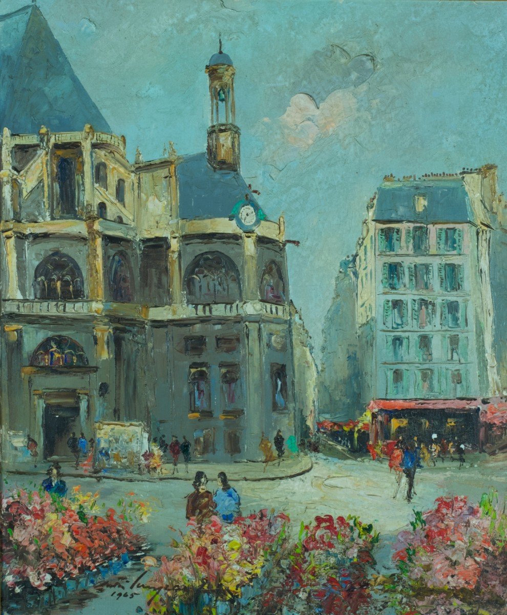 Oil On Canvas View Of Paris 1 Lively Street Saint Eustache Church Les Halles 20th -photo-2