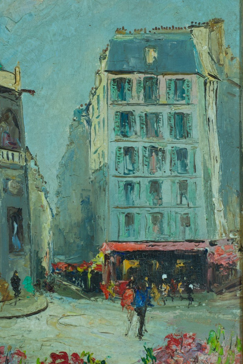 Oil On Canvas View Of Paris 1 Lively Street Saint Eustache Church Les Halles 20th -photo-4