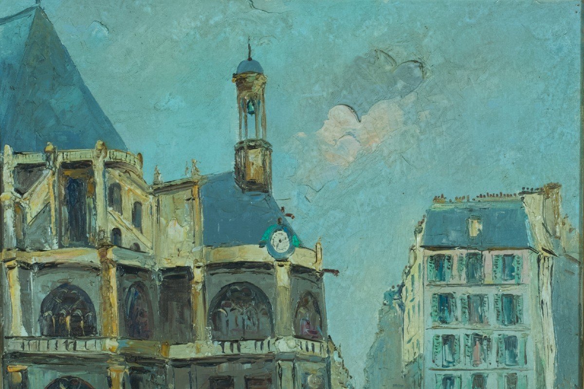 Oil On Canvas View Of Paris 1 Lively Street Saint Eustache Church Les Halles 20th -photo-3